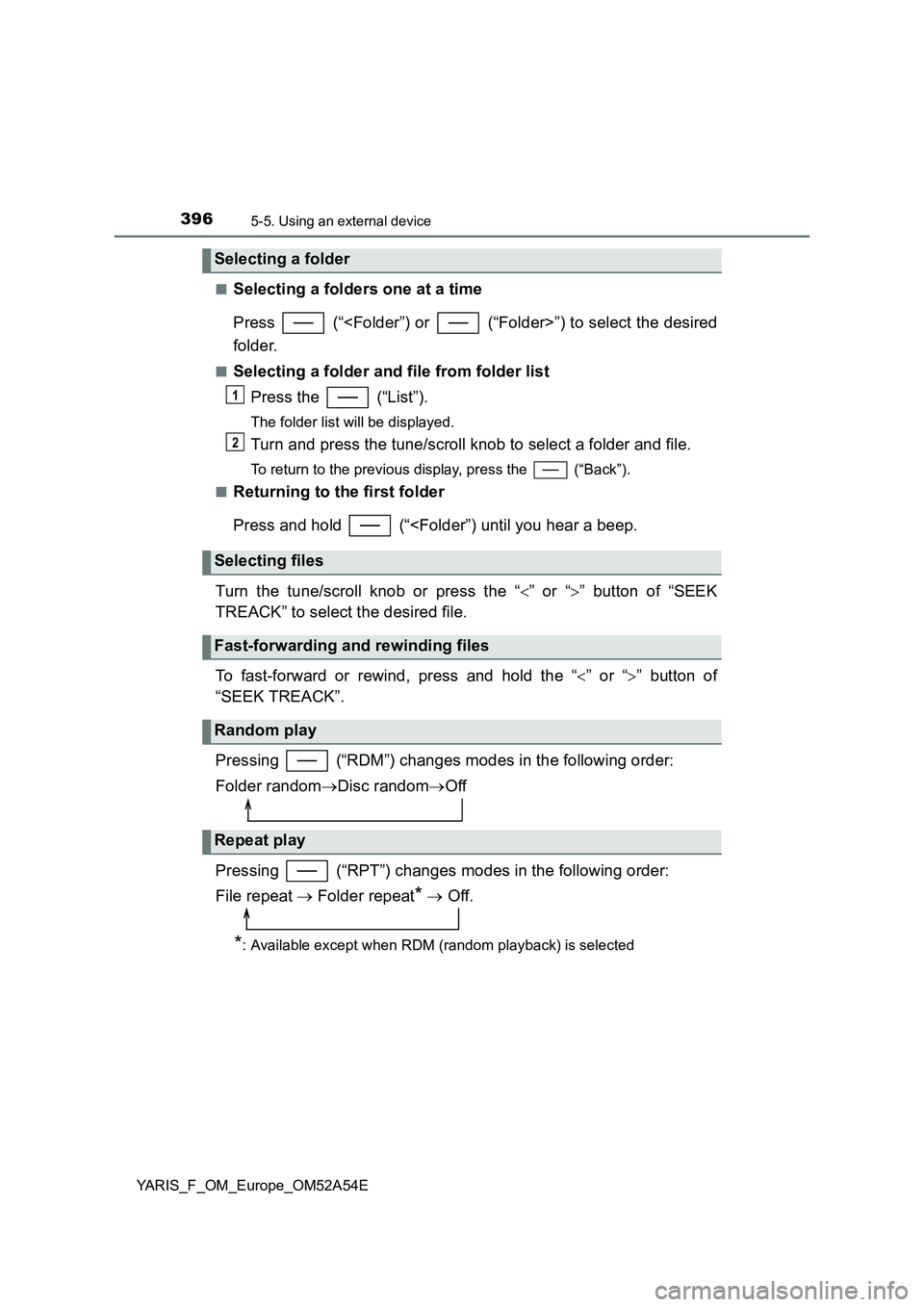 TOYOTA YARIS 2020 Owners Manual 3965-5. Using an external device
YARIS_F_OM_Europe_OM52A54E■
Selecting a folders one at a time
Press (“<Folder”) or (“Folder>”) to select the desired
folder.
■Selecting a folder and fi TOYOTA YARIS 2020 Owners Manual 3965-5. Using an external device
YARIS_F_OM_Europe_OM52A54E■
Selecting a folders one at a time
Press (“<Folder”) or (“Folder>”) to select the desired
folder.
■Selecting a folder and fi