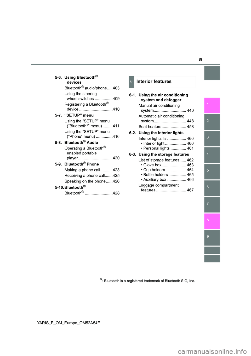 TOYOTA YARIS 2020 Owners Manual 5
1
7
8
6
5
4
3
2
9
YARIS_F_OM_Europe_OM52A54E
5-6. Using Bluetooth®
devices
Bluetooth® audio/phone .....403
Using the steering
wheel switches ................409
Registering a Bluetooth TOYOTA YARIS 2020 Owners Manual 5
1
7
8
6
5
4
3
2
9
YARIS_F_OM_Europe_OM52A54E
5-6. Using Bluetooth®
devices
Bluetooth® audio/phone .....403
Using the steering
wheel switches ................409
Registering a Bluetooth