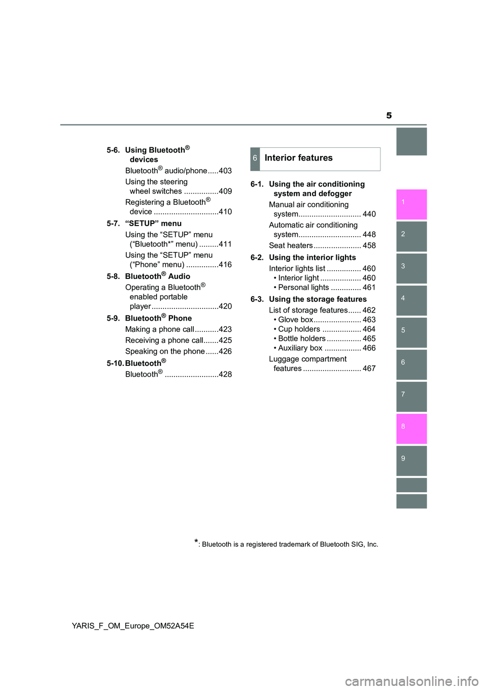 TOYOTA YARIS 2020  Owners Manual 5
1 
7 
8 
6 
5
4
3
2
9
YARIS_F_OM_Europe_OM52A54E 
5-6. Using Bluetooth®  
devices 
Bluetooth® audio/phone .....403 
Using the steering  
wheel switches ................409 
Registering a Bluetooth
