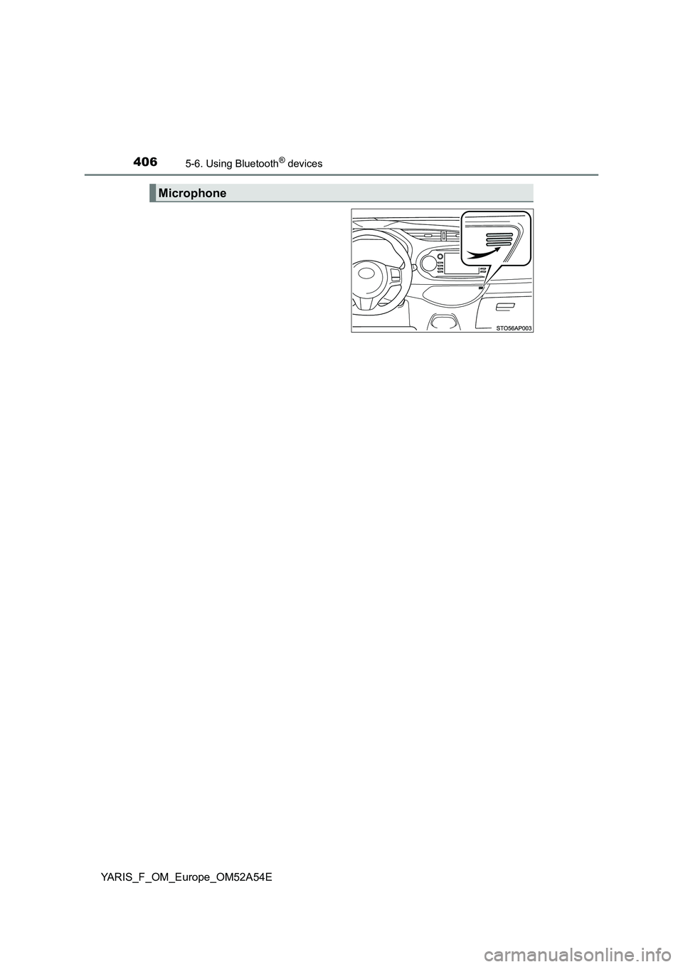 TOYOTA YARIS 2020  Owners Manual 4065-6. Using Bluetooth® devices
YARIS_F_OM_Europe_OM52A54E
Microphone 