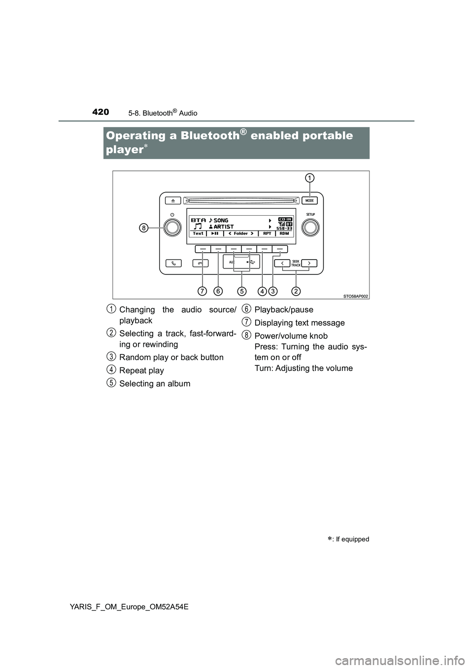 TOYOTA YARIS 2020 Owners Manual 4205-8. Bluetooth® Audio
YARIS_F_OM_Europe_OM52A54E
Operating a Bluetooth® enabled portable
player
: If equipped
Changing the audio source/
playback
Selecting a track, fast-forward-
ing or r TOYOTA YARIS 2020 Owners Manual 4205-8. Bluetooth® Audio
YARIS_F_OM_Europe_OM52A54E
Operating a Bluetooth® enabled portable
player
: If equipped
Changing the audio source/
playback
Selecting a track, fast-forward-
ing or r