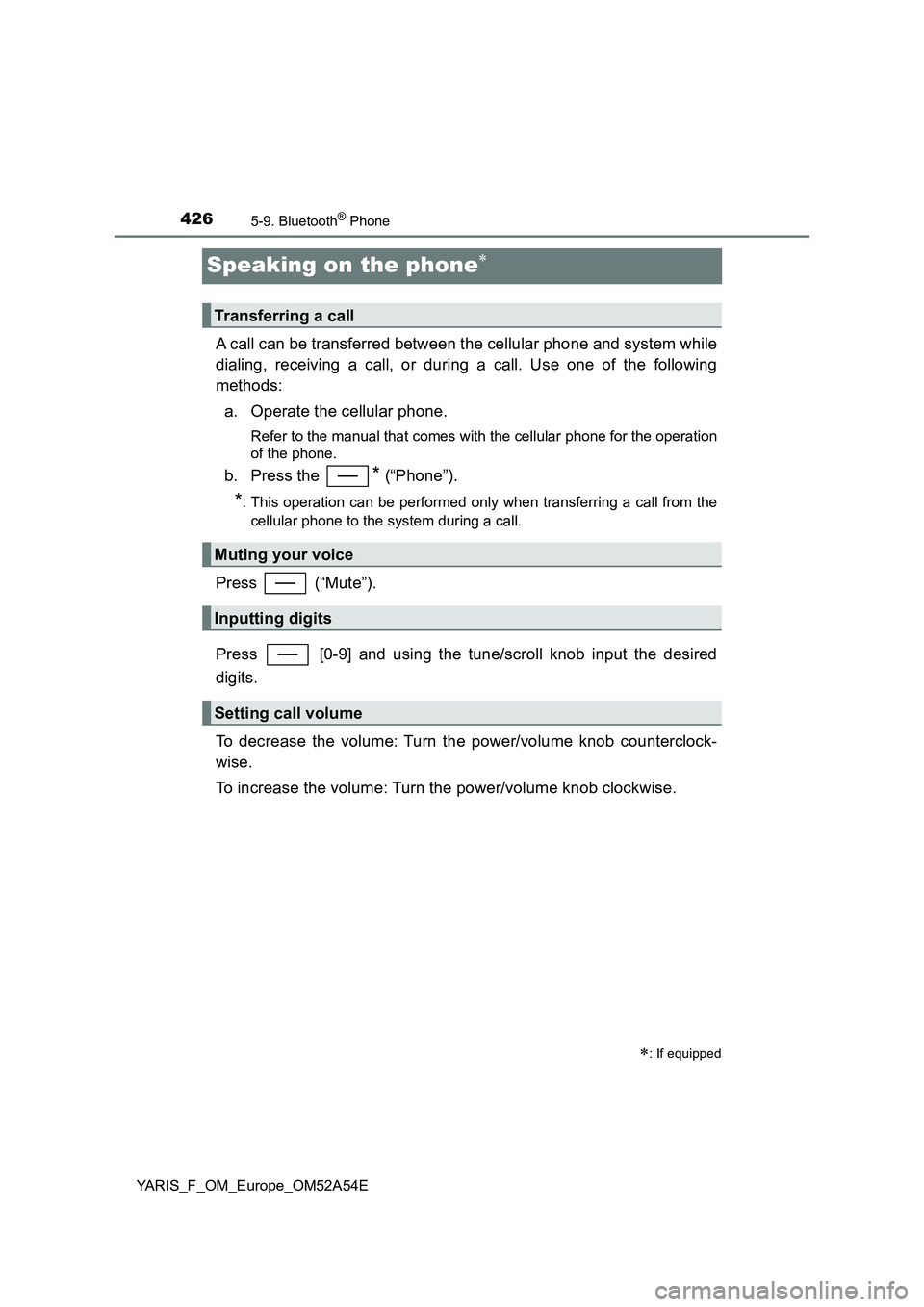 TOYOTA YARIS 2020 Owners Manual 4265-9. Bluetooth® Phone
YARIS_F_OM_Europe_OM52A54E
Speaking on the phone
A call can be transferred between the cellular phone and system while
dialing, receiving a call, or during a call. Use one TOYOTA YARIS 2020 Owners Manual 4265-9. Bluetooth® Phone
YARIS_F_OM_Europe_OM52A54E
Speaking on the phone
A call can be transferred between the cellular phone and system while
dialing, receiving a call, or during a call. Use one