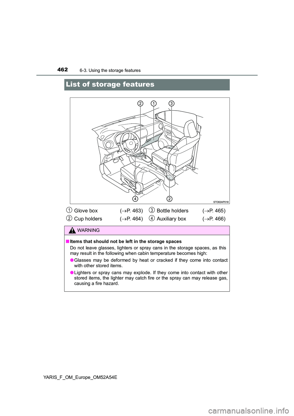 TOYOTA YARIS 2020  Owners Manual 4626-3. Using the storage features
YARIS_F_OM_Europe_OM52A54E
List of storage features
Glove box  (P. 463) 
Cup holders  ( P. 464) 
Bottle holders ( P. 465) 
Auxiliary box ( P. 466)
WARNIN