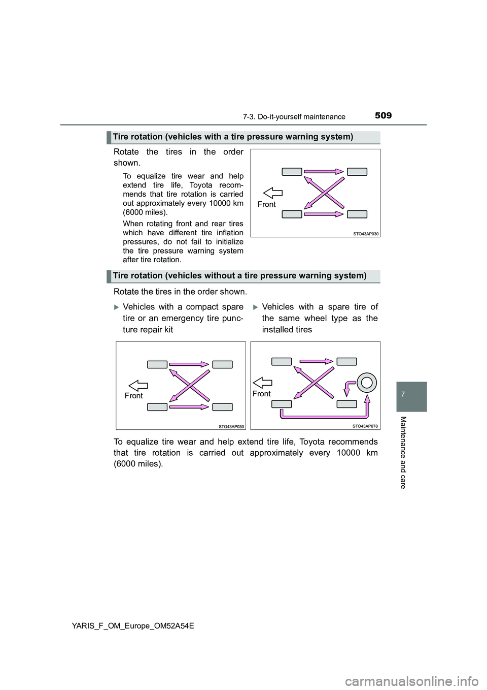 TOYOTA YARIS 2020 Owners Manual 5097-3. Do-it-yourself maintenance
7
Maintenance and care
YARIS_F_OM_Europe_OM52A54E
Rotate the tires in the order
shown.
To equalize tire wear and help
extend tire life, Toyota recom-
mends that tire TOYOTA YARIS 2020 Owners Manual 5097-3. Do-it-yourself maintenance
7
Maintenance and care
YARIS_F_OM_Europe_OM52A54E
Rotate the tires in the order
shown.
To equalize tire wear and help
extend tire life, Toyota recom-
mends that tire