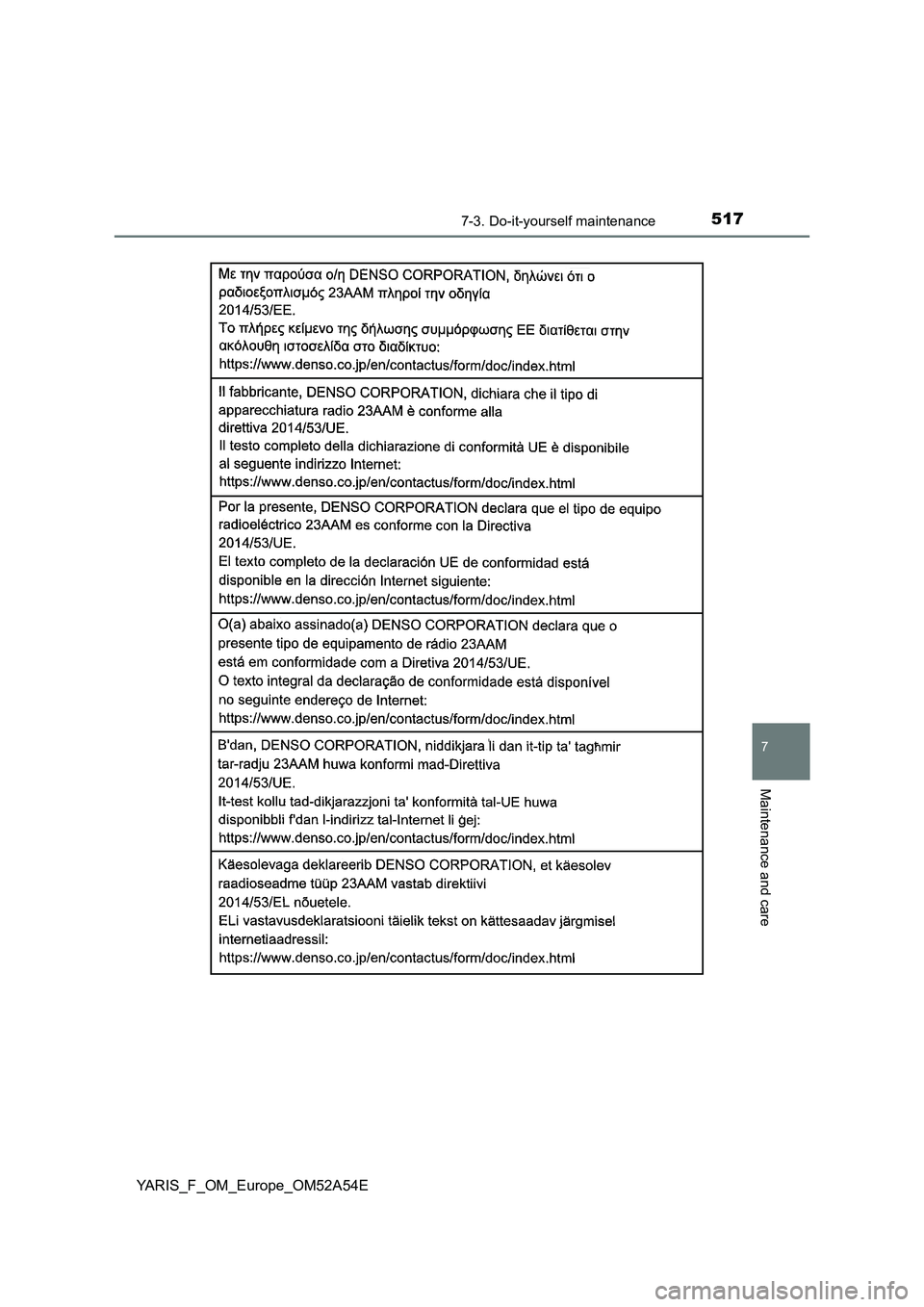 TOYOTA YARIS 2020  Owners Manual 5177-3. Do-it-yourself maintenance
7
Maintenance and care
YARIS_F_OM_Europe_OM52A54E 