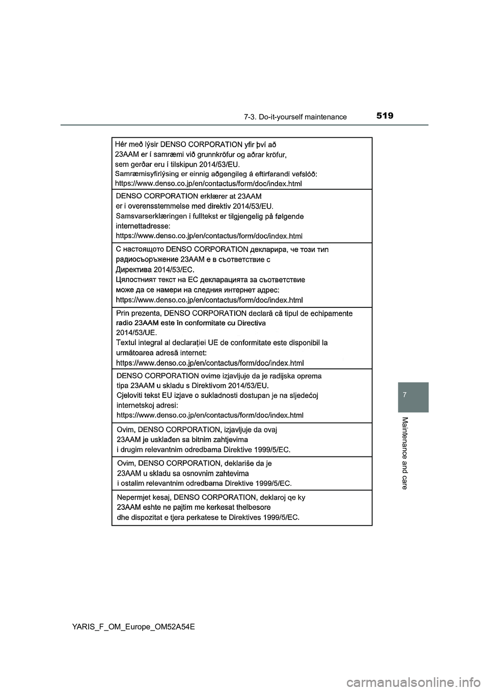 TOYOTA YARIS 2020  Owners Manual 5197-3. Do-it-yourself maintenance
7
Maintenance and care
YARIS_F_OM_Europe_OM52A54E 