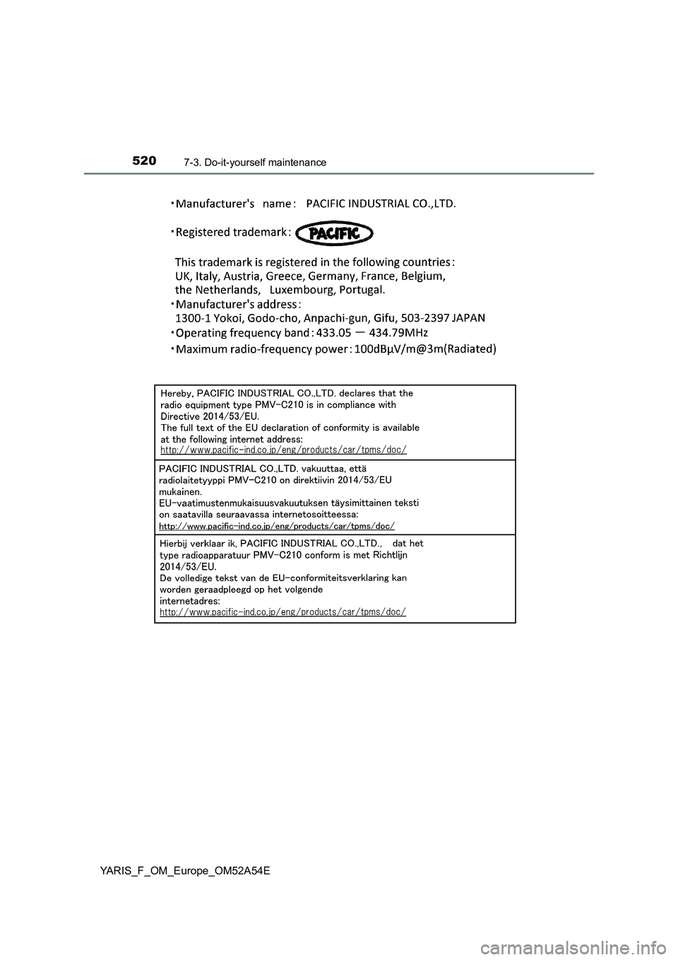 TOYOTA YARIS 2020  Owners Manual 5207-3. Do-it-yourself maintenance
YARIS_F_OM_Europe_OM52A54E 