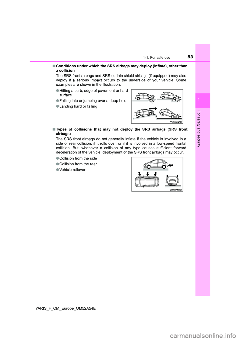 TOYOTA YARIS 2020 Workshop Manual 531-1. For safe use
1
For safety and security
YARIS_F_OM_Europe_OM52A54E
■ Conditions under which the SRS airbags may deploy (inflate), other than
a collision
The SRS front airbags and SRS curta TOYOTA YARIS 2020 Workshop Manual 531-1. For safe use
1
For safety and security
YARIS_F_OM_Europe_OM52A54E
■ Conditions under which the SRS airbags may deploy (inflate), other than
a collision
The SRS front airbags and SRS curta
