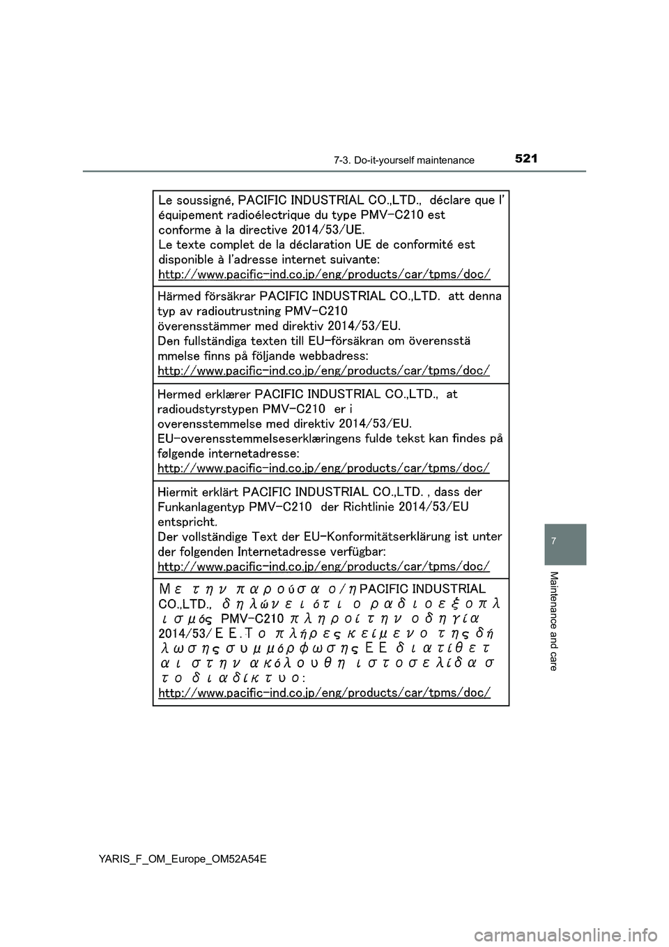 TOYOTA YARIS 2020 Owners Manual 5217-3. Do-it-yourself maintenance
7
Maintenance and care
YARIS_F_OM_Europe_OM52A54E TOYOTA YARIS 2020 Owners Manual 5217-3. Do-it-yourself maintenance
7
Maintenance and care
YARIS_F_OM_Europe_OM52A54E