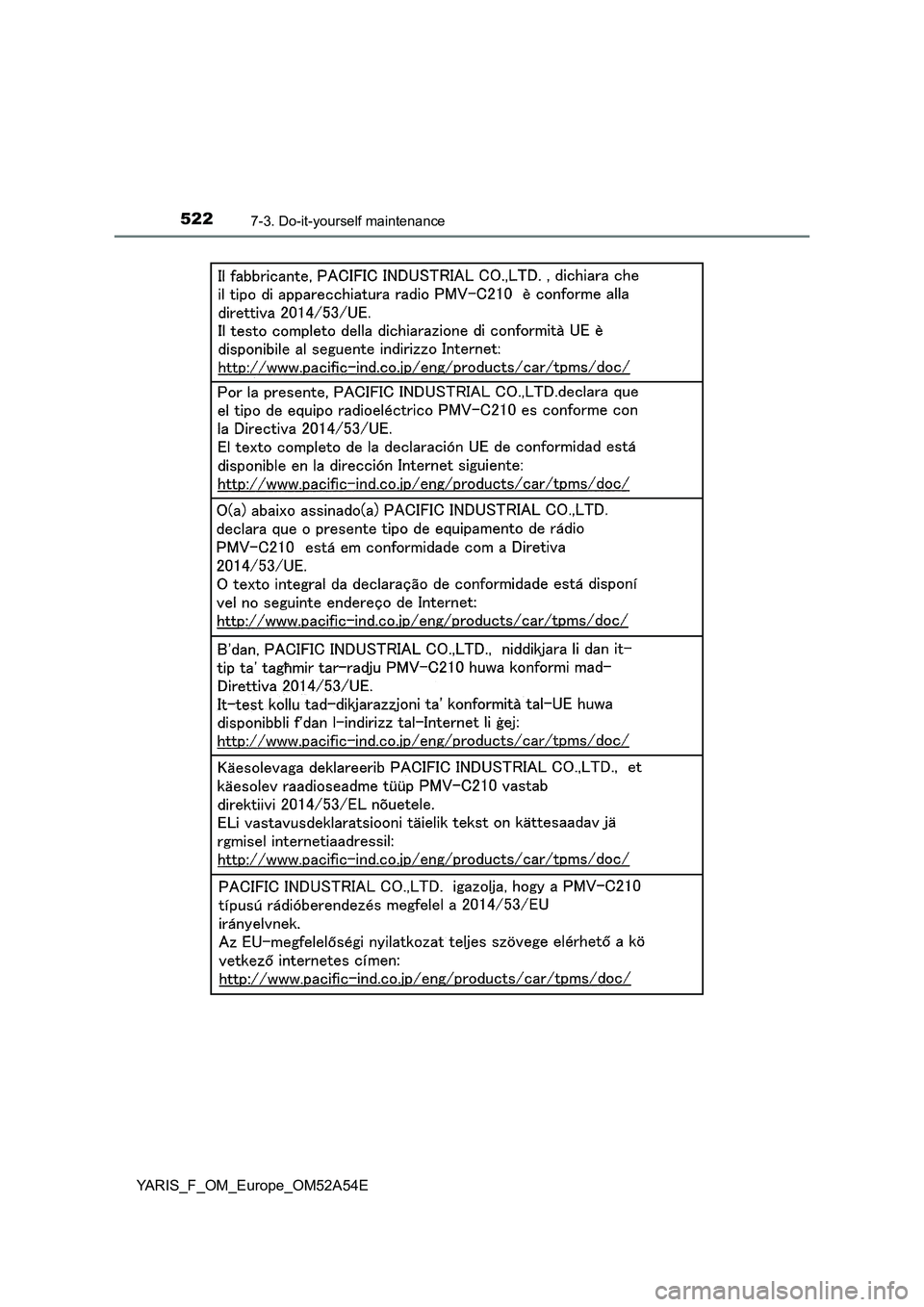 TOYOTA YARIS 2020 Owners Manual 5227-3. Do-it-yourself maintenance
YARIS_F_OM_Europe_OM52A54E TOYOTA YARIS 2020 Owners Manual 5227-3. Do-it-yourself maintenance
YARIS_F_OM_Europe_OM52A54E