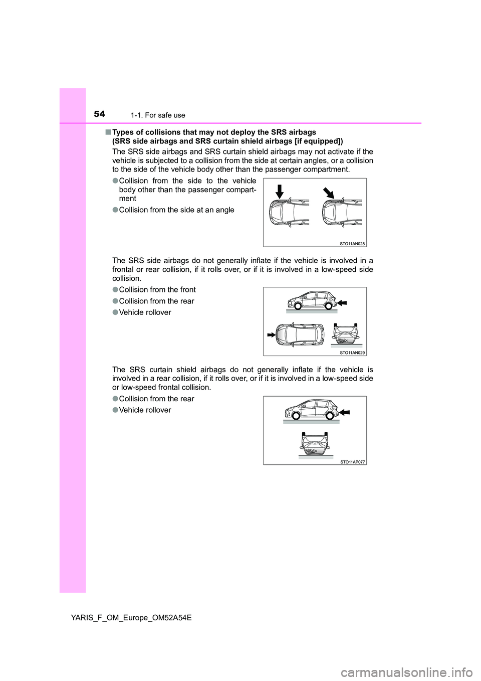 TOYOTA YARIS 2020 Workshop Manual 541-1. For safe use
YARIS_F_OM_Europe_OM52A54E 
■ Types of collisions that may not deploy the SRS airbags  
(SRS side airbags and SRS curtai n shield airbags [if equipped]) 
The SRS side airbags and