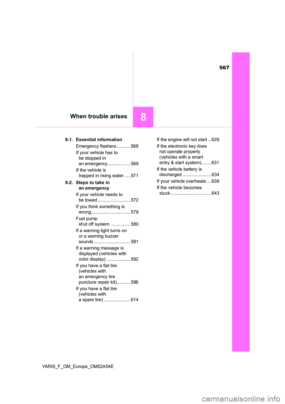 TOYOTA YARIS 2020  Owners Manual 567
8When trouble arises
YARIS_F_OM_Europe_OM52A54E 
8-1. Essential information 
Emergency flashers ........... 568 
If your vehicle has to  
be stopped in 
an emergency .................. 569 
If the