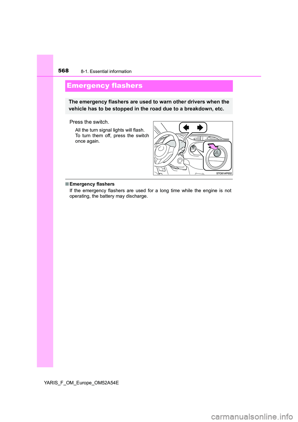 TOYOTA YARIS 2020  Owners Manual 5688-1. Essential information
YARIS_F_OM_Europe_OM52A54E
Emergency flashers
Press the switch.
All the turn signal lights will flash. 
To turn them off, press the switch
once again.
■ Emergency flash