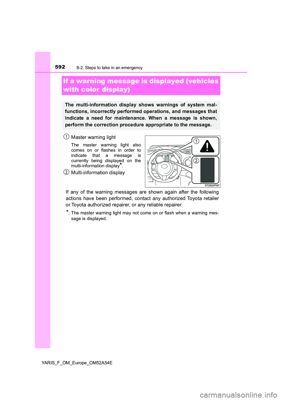TOYOTA YARIS 2020 Owners Manual 5928-2. Steps to take in an emergency
YARIS_F_OM_Europe_OM52A54E
If a warning message is displayed (vehicles
with color display)
Master warning light
The master warning light also
comes on or flash TOYOTA YARIS 2020 Owners Manual 5928-2. Steps to take in an emergency
YARIS_F_OM_Europe_OM52A54E
If a warning message is displayed (vehicles
with color display)
Master warning light
The master warning light also
comes on or flash