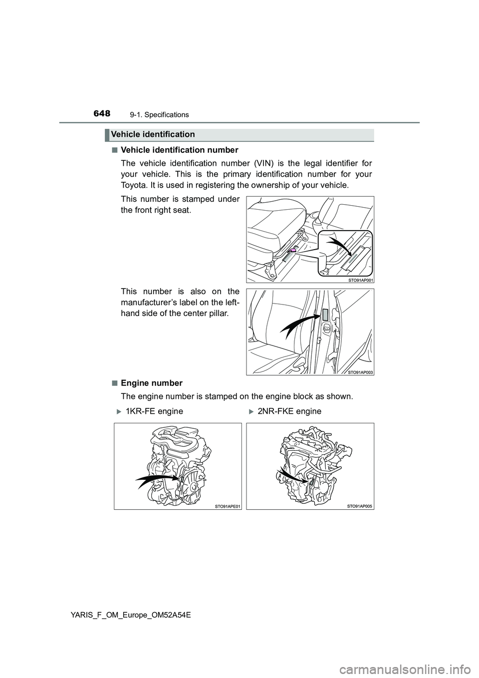TOYOTA YARIS 2020 Owners Manual 6489-1. Specifications
YARIS_F_OM_Europe_OM52A54E■
Vehicle identification number
The vehicle identification number (VIN) is the legal identifier for
your vehicle. This is the primary identification TOYOTA YARIS 2020 Owners Manual 6489-1. Specifications
YARIS_F_OM_Europe_OM52A54E■
Vehicle identification number
The vehicle identification number (VIN) is the legal identifier for
your vehicle. This is the primary identification