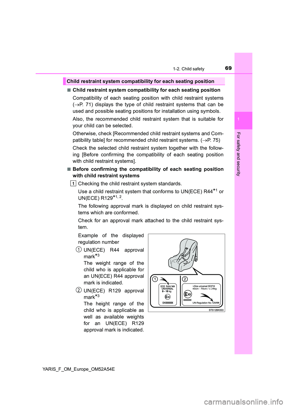 TOYOTA YARIS 2020 Repair Manual 691-2. Child safety
1
For safety and security
YARIS_F_OM_Europe_OM52A54E
■Child restraint system compatibility for each seating position
Compatibility of each seating position with child restraint TOYOTA YARIS 2020 Repair Manual 691-2. Child safety
1
For safety and security
YARIS_F_OM_Europe_OM52A54E
■Child restraint system compatibility for each seating position
Compatibility of each seating position with child restraint