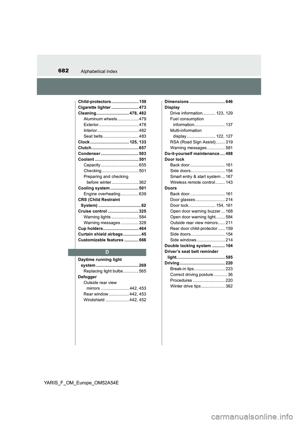 TOYOTA YARIS 2020 Owners Manual 682Alphabetical index
YARIS_F_OM_Europe_OM52A54E
Child-protectors ....................... 159
Cigarette lighter ....................... 473
Cleaning............................ 478, 482
Aluminum wheel TOYOTA YARIS 2020 Owners Manual 682Alphabetical index
YARIS_F_OM_Europe_OM52A54E
Child-protectors ....................... 159
Cigarette lighter ....................... 473
Cleaning............................ 478, 482
Aluminum wheel