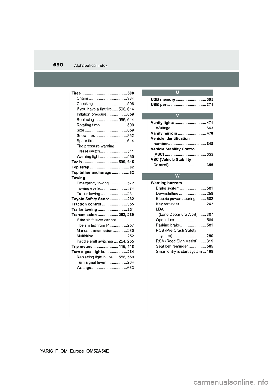 TOYOTA YARIS 2020 Owners Manual 690Alphabetical index
YARIS_F_OM_Europe_OM52A54E
Tires .......................................... 508
Chains ................................... 364
Checking ............................... 508
If you TOYOTA YARIS 2020 Owners Manual 690Alphabetical index
YARIS_F_OM_Europe_OM52A54E
Tires .......................................... 508
Chains ................................... 364
Checking ............................... 508
If you
