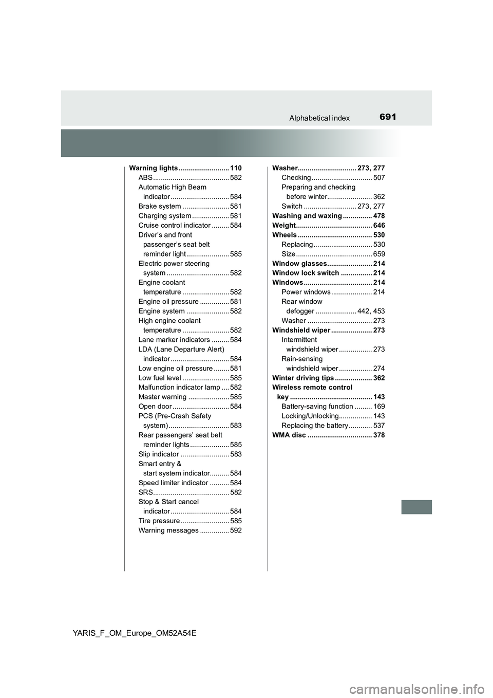 TOYOTA YARIS 2020 Owners Manual 691Alphabetical index
YARIS_F_OM_Europe_OM52A54E
Warning lights .......................... 110
ABS ....................................... 582
Automatic High Beam
indicator .......................... TOYOTA YARIS 2020 Owners Manual 691Alphabetical index
YARIS_F_OM_Europe_OM52A54E
Warning lights .......................... 110
ABS ....................................... 582
Automatic High Beam
indicator ..........................