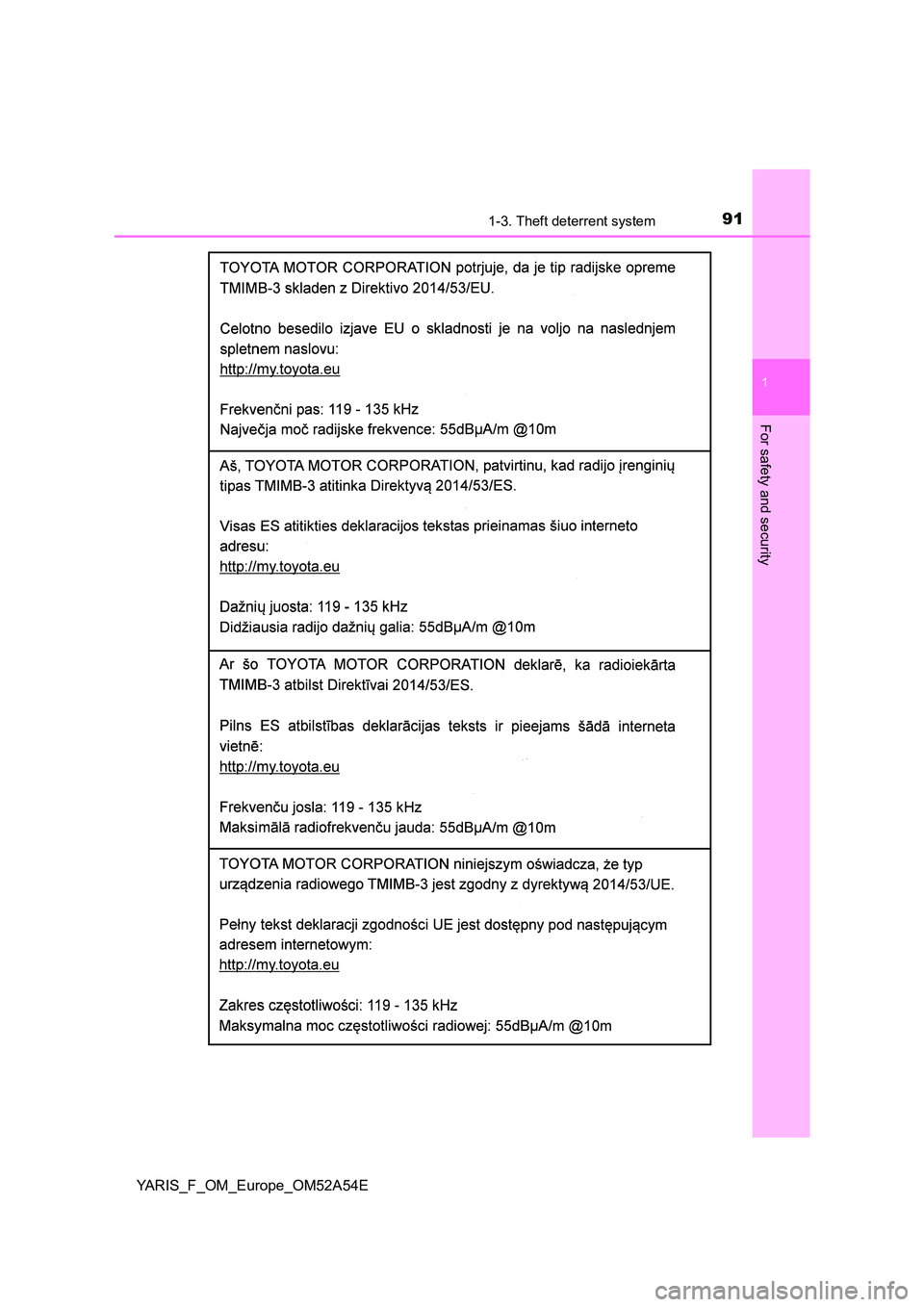 TOYOTA YARIS 2020 Owners Manual 911-3. Theft deterrent system
1
For safety and security
YARIS_F_OM_Europe_OM52A54E TOYOTA YARIS 2020 Owners Manual 911-3. Theft deterrent system
1
For safety and security
YARIS_F_OM_Europe_OM52A54E