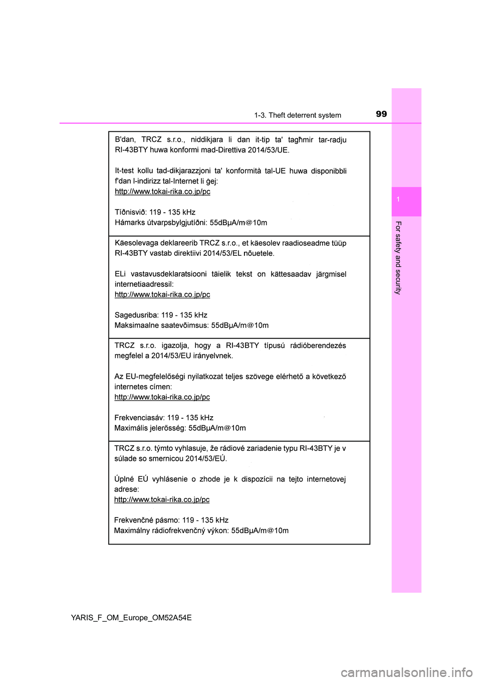 TOYOTA YARIS 2020 Owners Manual 991-3. Theft deterrent system
1
For safety and security
YARIS_F_OM_Europe_OM52A54E TOYOTA YARIS 2020 Owners Manual 991-3. Theft deterrent system
1
For safety and security
YARIS_F_OM_Europe_OM52A54E