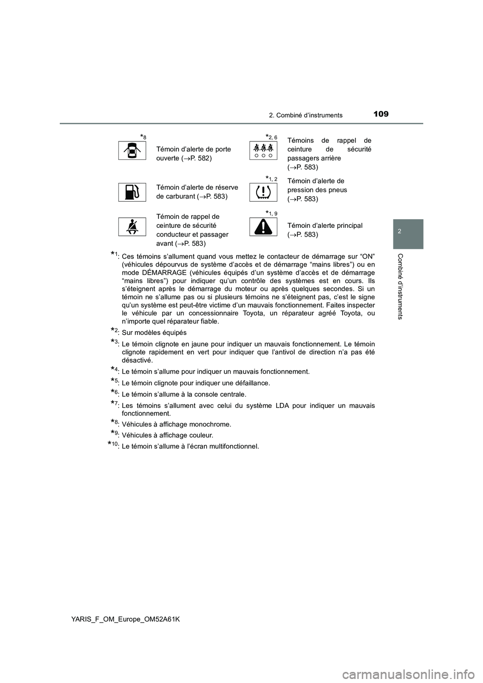 TOYOTA YARIS 2020  Notices Demploi (in French) 1092. Combiné d’instruments
2
Combiné d’instruments
YARIS_F_OM_Europe_OM52A61K
*1: Ces témoins s’allument quand vous mettez le contacteur de démarrage sur “ON”
(véhicules dépourvus de 