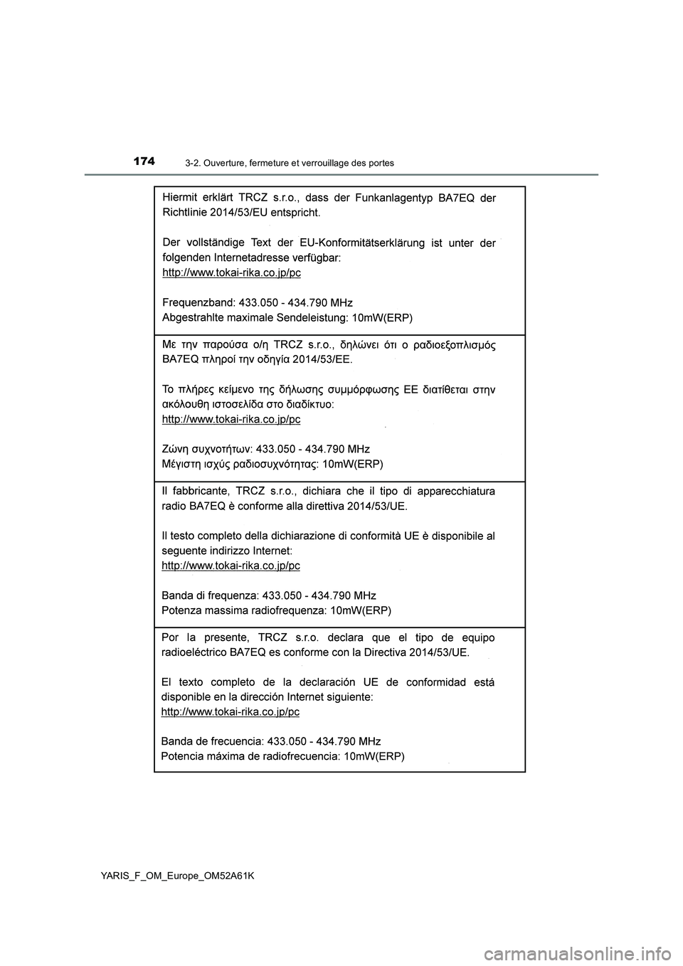 TOYOTA YARIS 2020  Notices Demploi (in French) 1743-2. Ouverture, fermeture et verrouillage des portes
YARIS_F_OM_Europe_OM52A61K 