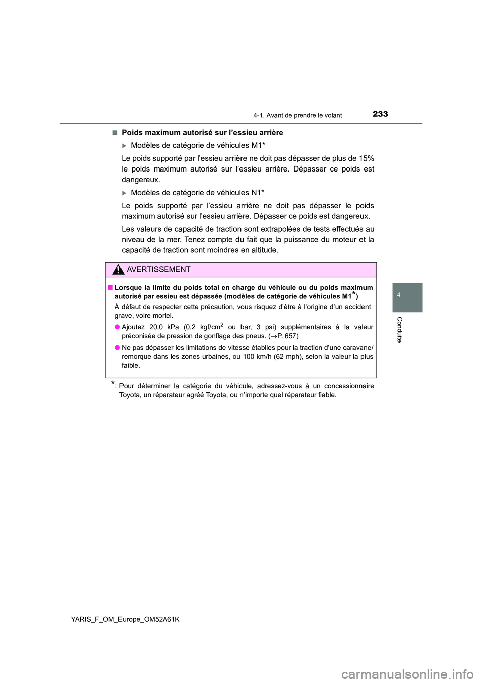 TOYOTA YARIS 2020  Notices Demploi (in French) 2334-1. Avant de prendre le volant
4
Conduite
YARIS_F_OM_Europe_OM52A61K 
■Poids maximum autorisé sur l’essieu arrière
Modèles de catégorie de véhicules M1* 
Le poids supporté par l’ess