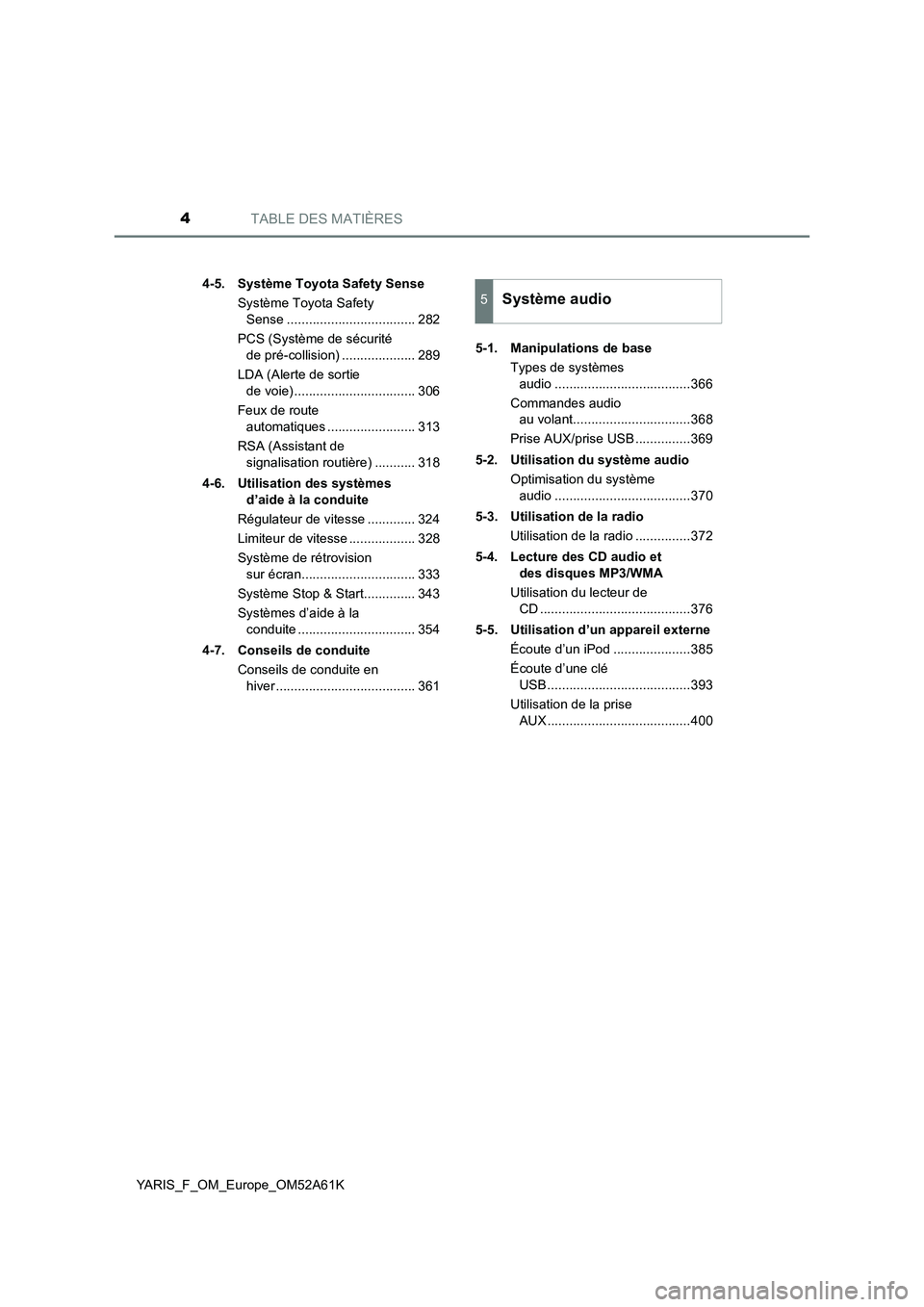 TOYOTA YARIS 2020  Notices Demploi (in French) TABLE DES MATIÈRES4
YARIS_F_OM_Europe_OM52A61K4-5. Système Toyota Safety Sense
Système Toyota Safety 
Sense ................................... 282
PCS (Système de sécurité 
de pré-collision) .