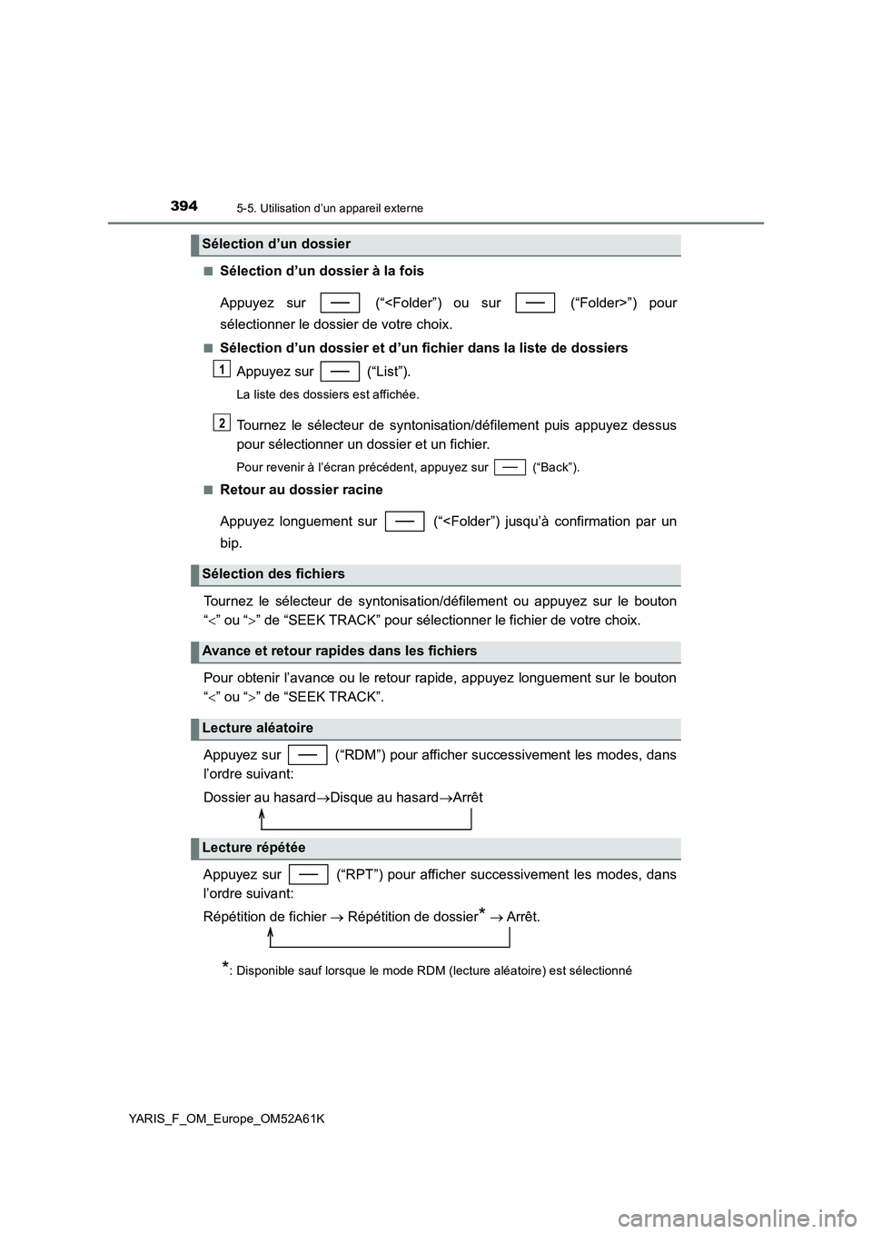TOYOTA YARIS 2020  Notices Demploi (in French) 3945-5. Utilisation d’un appareil externe
YARIS_F_OM_Europe_OM52A61K■
Sélection d’un dossier à la fois
Appuyez sur   (“<Folder”) ou sur   (“Folder>”) pour
sélectionner le dossier de v