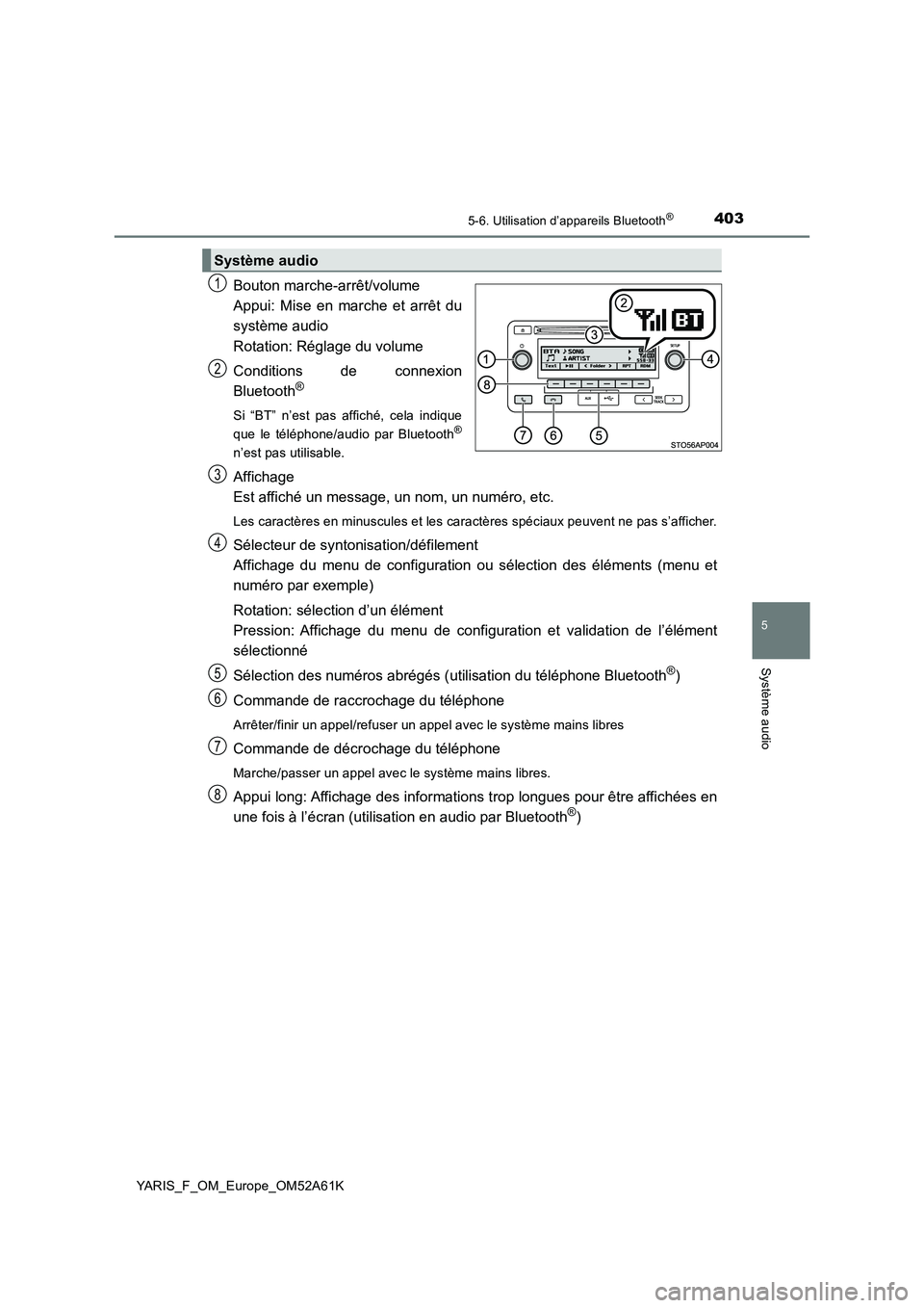 TOYOTA YARIS 2020  Notices Demploi (in French) 4035-6. Utilisation d’appareils Bluetooth®
5
Système audio
YARIS_F_OM_Europe_OM52A61K
Bouton marche-arrêt/volume 
Appui: Mise en marche et arrêt du
système audio 
Rotation: Réglage du volume 
