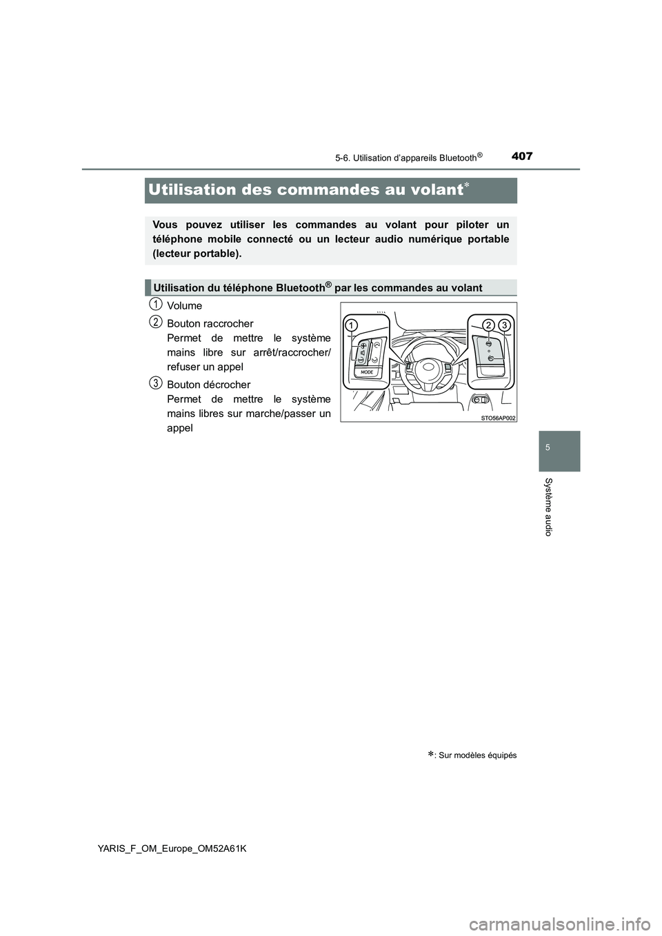 TOYOTA YARIS 2020  Notices Demploi (in French) 4075-6. Utilisation d’appareils Bluetooth®
5
Système audio
YARIS_F_OM_Europe_OM52A61K
Utilisation des commandes au volant
Volume 
Bouton raccrocher 
Permet de mettre le système 
mains libre su