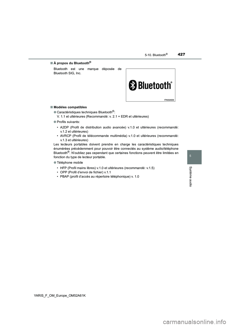 TOYOTA YARIS 2020  Notices Demploi (in French) 4275-10. Bluetooth®
5
Système audio
YARIS_F_OM_Europe_OM52A61K■À propos du Bluetooth
®
■Modèles compatibles
●Caractéristiques techniques Bluetooth®:
V. 1.1 et ultérieures (Recommandé: v