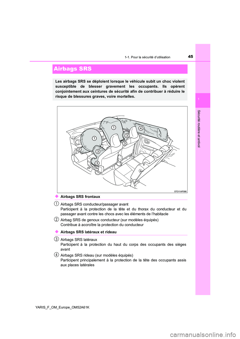 TOYOTA YARIS 2020 Notices Demploi (in French) 451-1. Pour la sécurité d’utilisation
1
Sécurité routière et antivol
YARIS_F_OM_Europe_OM52A61K
Airbags SRS
◆Airbags SRS frontaux
Airbags SRS conducteur/passager avant
Participent à la pro TOYOTA YARIS 2020 Notices Demploi (in French) 451-1. Pour la sécurité d’utilisation
1
Sécurité routière et antivol
YARIS_F_OM_Europe_OM52A61K
Airbags SRS
◆Airbags SRS frontaux
Airbags SRS conducteur/passager avant
Participent à la pro