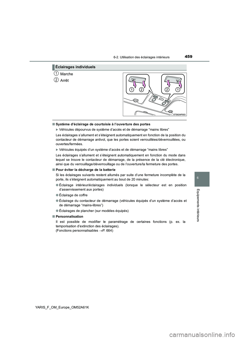 TOYOTA YARIS 2020 Notices Demploi (in French) 4596-2. Utilisation des éclairages intérieurs
6
Équipements intérieurs
YARIS_F_OM_Europe_OM52A61K
Marche
Arrêt
■Système d’éclairage de courtoisie à l’ouverture des portes
Véhicules d TOYOTA YARIS 2020 Notices Demploi (in French) 4596-2. Utilisation des éclairages intérieurs
6
Équipements intérieurs
YARIS_F_OM_Europe_OM52A61K
Marche
Arrêt
■Système d’éclairage de courtoisie à l’ouverture des portes
Véhicules d