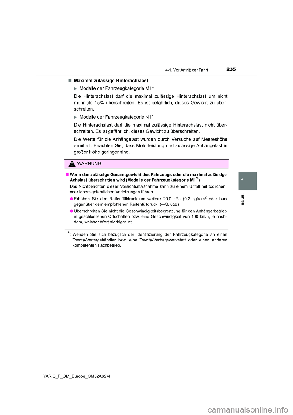 TOYOTA YARIS 2020 Betriebsanleitungen (in German) 2354-1. Vor Antritt der Fahrt
4
Fahren
YARIS_F_OM_Europe_OM52A62M
■Maximal zulässige Hinterachslast
Modelle der Fahrzeugkategorie M1*
Die Hinterachslast darf die maximal zulässige Hinterachsl TOYOTA YARIS 2020 Betriebsanleitungen (in German) 2354-1. Vor Antritt der Fahrt
4
Fahren
YARIS_F_OM_Europe_OM52A62M
■Maximal zulässige Hinterachslast
Modelle der Fahrzeugkategorie M1*
Die Hinterachslast darf die maximal zulässige Hinterachsl