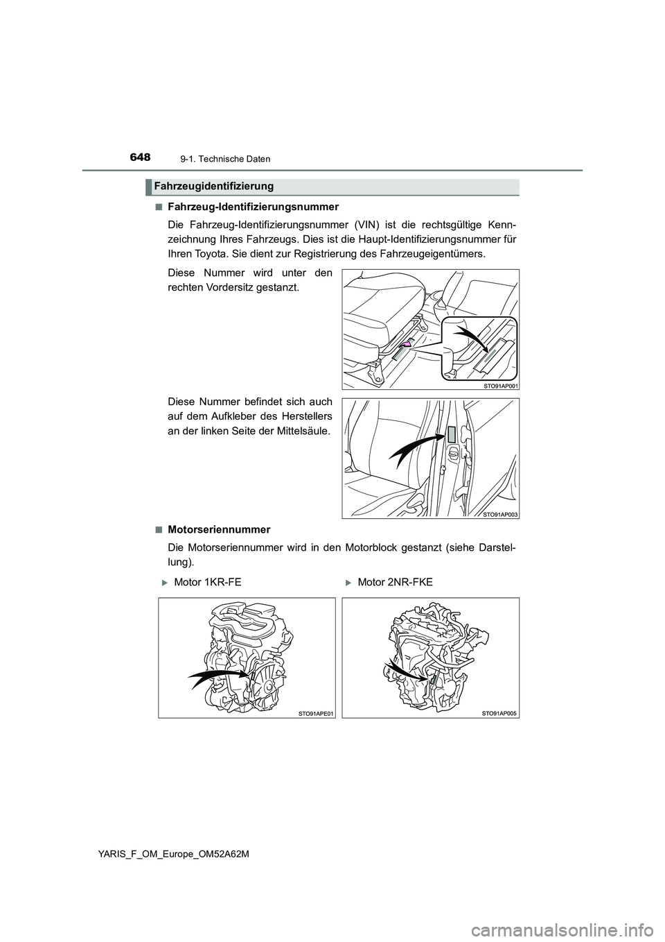 TOYOTA YARIS 2020 Betriebsanleitungen (in German) 6489-1. Technische Daten
YARIS_F_OM_Europe_OM52A62M■
Fahrzeug-Identifizierungsnummer
Die Fahrzeug-Identifizierungsnummer (VIN) ist die rechtsgültige Kenn-
zeichnung Ihres Fahrzeugs. Dies ist die Ha TOYOTA YARIS 2020 Betriebsanleitungen (in German) 6489-1. Technische Daten
YARIS_F_OM_Europe_OM52A62M■
Fahrzeug-Identifizierungsnummer
Die Fahrzeug-Identifizierungsnummer (VIN) ist die rechtsgültige Kenn-
zeichnung Ihres Fahrzeugs. Dies ist die Ha