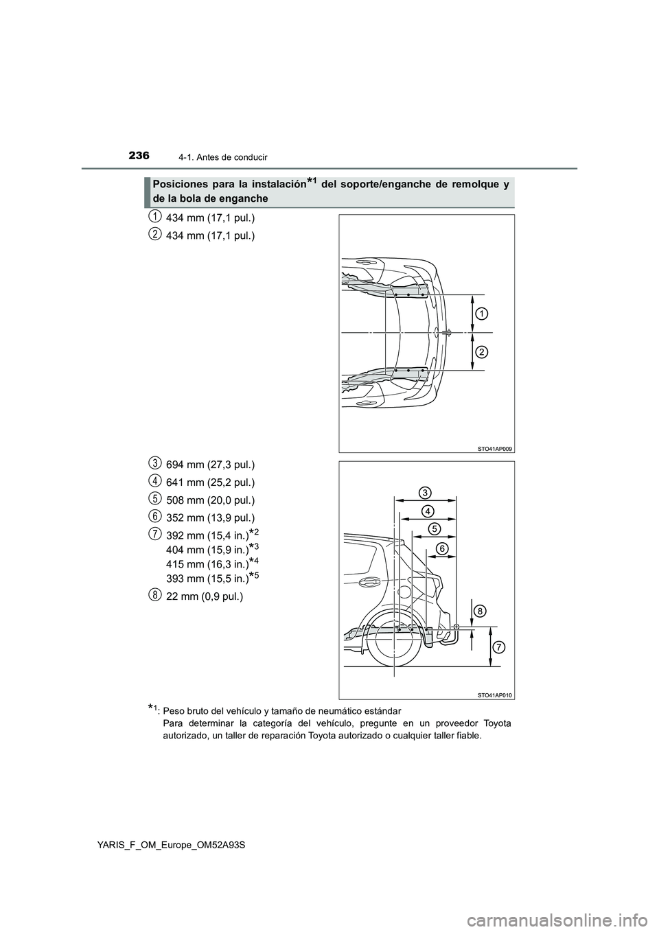 TOYOTA YARIS 2020  Manuale de Empleo (in Spanish) 2364-1. Antes de conducir
YARIS_F_OM_Europe_OM52A93S
434 mm (17,1 pul.)
434 mm (17,1 pul.)
694 mm (27,3 pul.)
641 mm (25,2 pul.)
508 mm (20,0 pul.)
352 mm (13,9 pul.)
392 mm (15,4 in.)
*2
404 mm (15,9