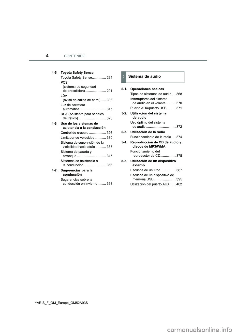 TOYOTA YARIS 2020  Manuale de Empleo (in Spanish) CONTENIDO4
YARIS_F_OM_Europe_OM52A93S4-5. Toyota Safety Sense
Toyota Safety Sense............... 284
PCS 
(sistema de seguridad 
de precolisión) ...................... 291
LDA 
(aviso de salida de ca