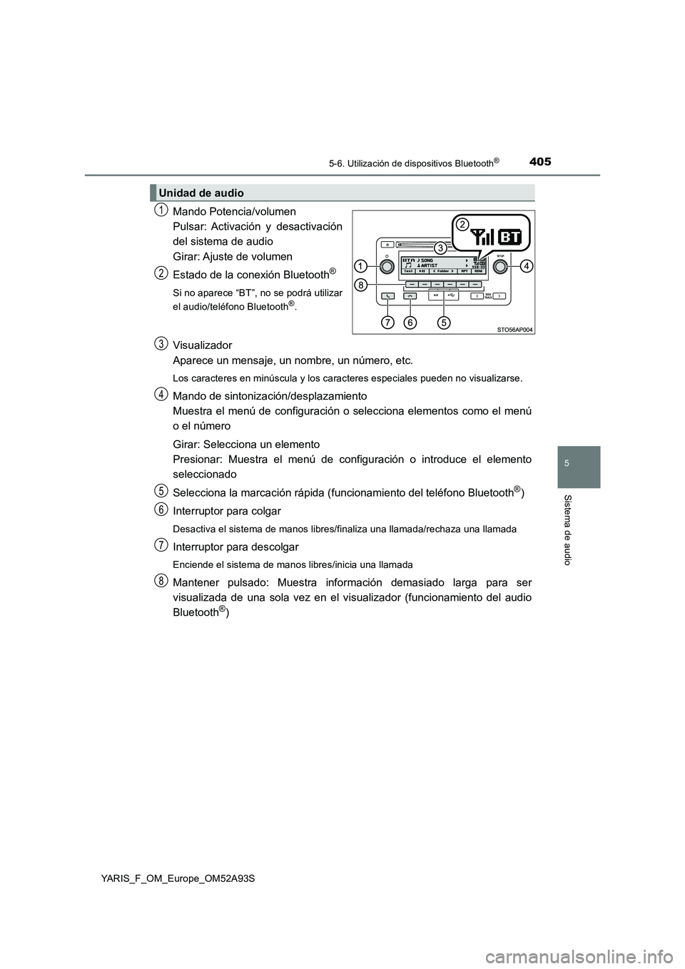 TOYOTA YARIS 2020 Manuale de Empleo (in Spanish) 4055-6. Utilización de dispositivos Bluetooth®
5
Sistema de audio
YARIS_F_OM_Europe_OM52A93S
Mando Potencia/volumen
Pulsar: Activación y desactivación
del sistema de audio
Girar: Ajuste de v TOYOTA YARIS 2020 Manuale de Empleo (in Spanish) 4055-6. Utilización de dispositivos Bluetooth®
5
Sistema de audio
YARIS_F_OM_Europe_OM52A93S
Mando Potencia/volumen
Pulsar: Activación y desactivación
del sistema de audio
Girar: Ajuste de v