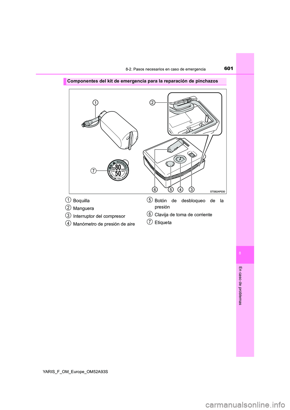 TOYOTA YARIS 2020 Manuale de Empleo (in Spanish) 6018-2. Pasos necesarios en caso de emergencia
8
En caso de problemas
YARIS_F_OM_Europe_OM52A93S
Componentes del kit de emergencia para la reparación de pinchazos
Boquilla
Manguera
Interruptor del c TOYOTA YARIS 2020 Manuale de Empleo (in Spanish) 6018-2. Pasos necesarios en caso de emergencia
8
En caso de problemas
YARIS_F_OM_Europe_OM52A93S
Componentes del kit de emergencia para la reparación de pinchazos
Boquilla
Manguera
Interruptor del c