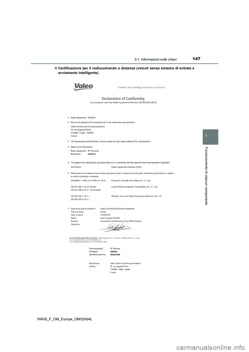 TOYOTA YARIS 2020 Manuale duso (in Italian) 1473-1. Informazioni sulle chiavi
3
Funzionamento di ciascun componente
YARIS_F_OM_Europe_OM52A94L■Certificazione per il radiocomando a distanza (veicoli senza sistema di entrata e
avviamento intell TOYOTA YARIS 2020 Manuale duso (in Italian) 1473-1. Informazioni sulle chiavi
3
Funzionamento di ciascun componente
YARIS_F_OM_Europe_OM52A94L■Certificazione per il radiocomando a distanza (veicoli senza sistema di entrata e
avviamento intell
