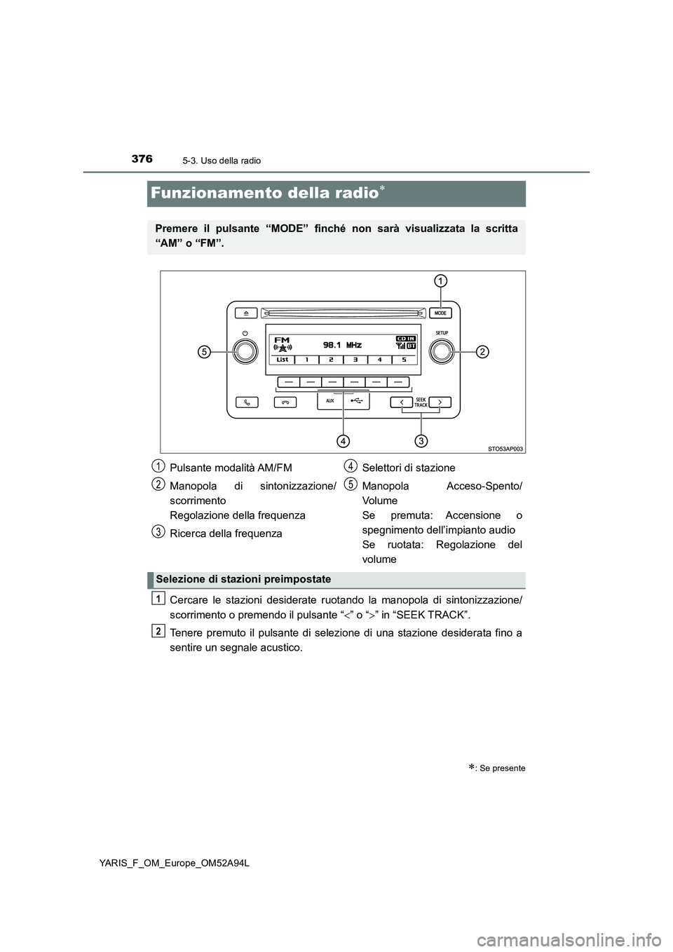 TOYOTA YARIS 2020 Manuale duso (in Italian) 3765-3. Uso della radio
YARIS_F_OM_Europe_OM52A94L
Funzionamento della radio
Cercare le stazioni desiderate ruotando la manopola di sintonizzazione/
scorrimento o premendo il pulsante “” o TOYOTA YARIS 2020 Manuale duso (in Italian) 3765-3. Uso della radio
YARIS_F_OM_Europe_OM52A94L
Funzionamento della radio
Cercare le stazioni desiderate ruotando la manopola di sintonizzazione/
scorrimento o premendo il pulsante “” o