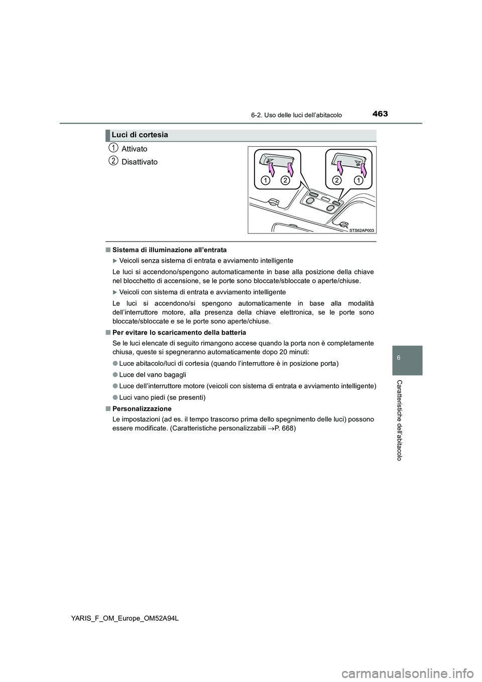 TOYOTA YARIS 2020 Manuale duso (in Italian) 4636-2. Uso delle luci dell’abitacolo
6
Caratteristiche dell’abitacolo
YARIS_F_OM_Europe_OM52A94L
Attivato
Disattivato
■Sistema di illuminazione all’entrata
Veicoli senza sistema di entrata TOYOTA YARIS 2020 Manuale duso (in Italian) 4636-2. Uso delle luci dell’abitacolo
6
Caratteristiche dell’abitacolo
YARIS_F_OM_Europe_OM52A94L
Attivato
Disattivato
■Sistema di illuminazione all’entrata
Veicoli senza sistema di entrata