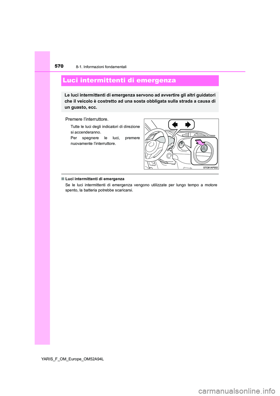 TOYOTA YARIS 2020  Manuale duso (in Italian) 5708-1. Informazioni fondamentali
YARIS_F_OM_Europe_OM52A94L
Luci intermittenti di emergenza
Premere l’interruttore.
Tutte le luci degli indicatori di direzione 
si accenderanno.
Per spegnere le luc