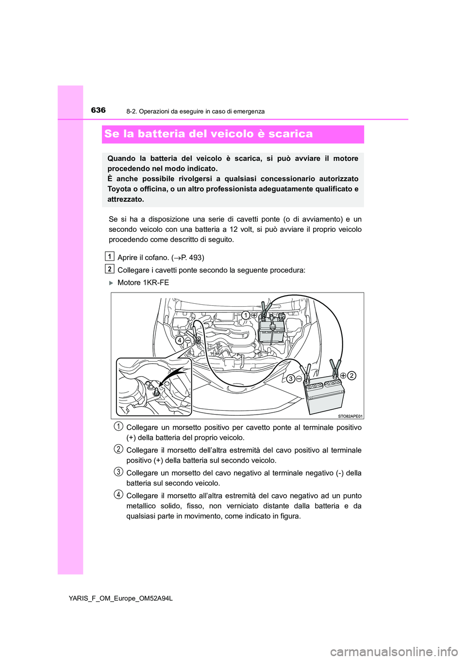 TOYOTA YARIS 2020 Manuale duso (in Italian) 6368-2. Operazioni da eseguire in caso di emergenza
YARIS_F_OM_Europe_OM52A94L
Se la batteria del veicolo è scarica
Se si ha a disposizione una serie di cavetti ponte (o di avviamento) e un
secondo TOYOTA YARIS 2020 Manuale duso (in Italian) 6368-2. Operazioni da eseguire in caso di emergenza
YARIS_F_OM_Europe_OM52A94L
Se la batteria del veicolo è scarica
Se si ha a disposizione una serie di cavetti ponte (o di avviamento) e un
secondo