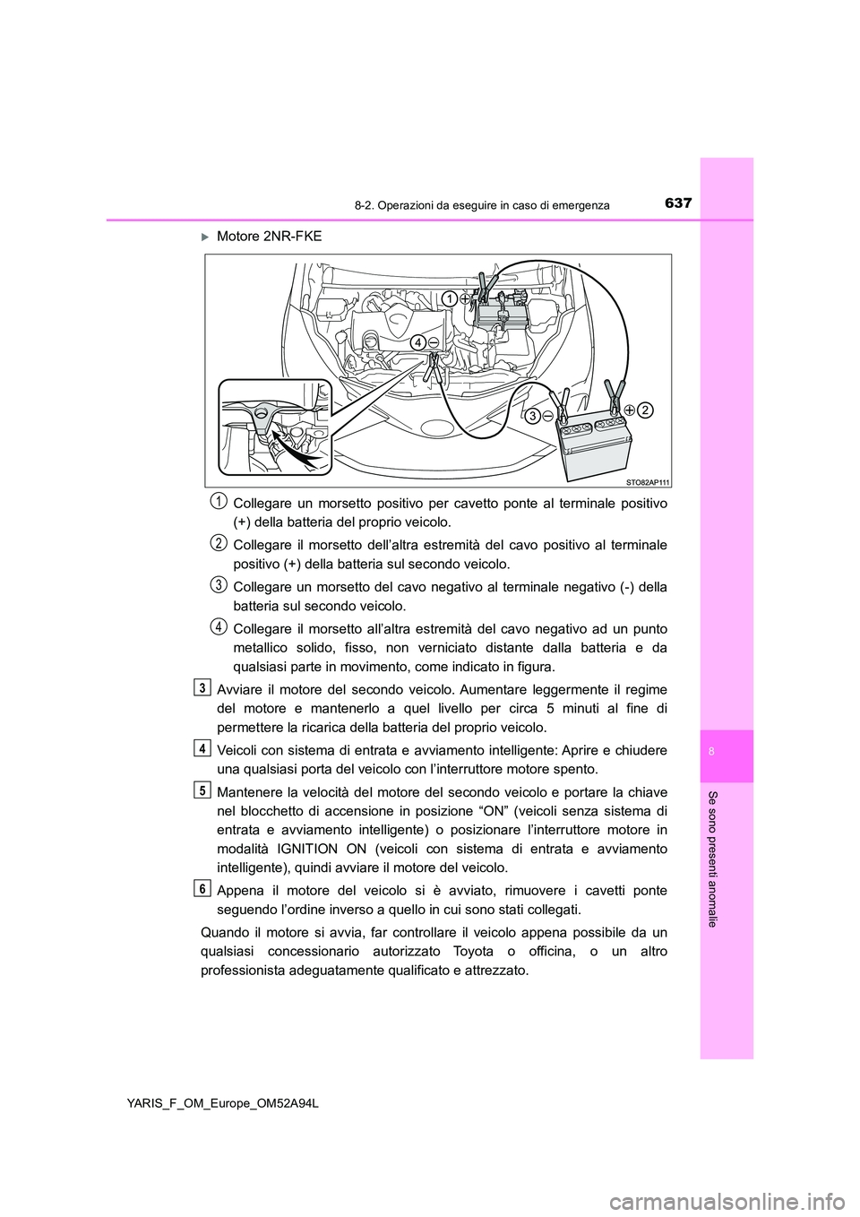 TOYOTA YARIS 2020 Manuale duso (in Italian) 6378-2. Operazioni da eseguire in caso di emergenza
8
Se sono presenti anomalie
YARIS_F_OM_Europe_OM52A94L
Motore 2NR-FKE
Collegare un morsetto positivo per cavetto ponte al terminale positivo
(+ TOYOTA YARIS 2020 Manuale duso (in Italian) 6378-2. Operazioni da eseguire in caso di emergenza
8
Se sono presenti anomalie
YARIS_F_OM_Europe_OM52A94L
Motore 2NR-FKE
Collegare un morsetto positivo per cavetto ponte al terminale positivo
(+