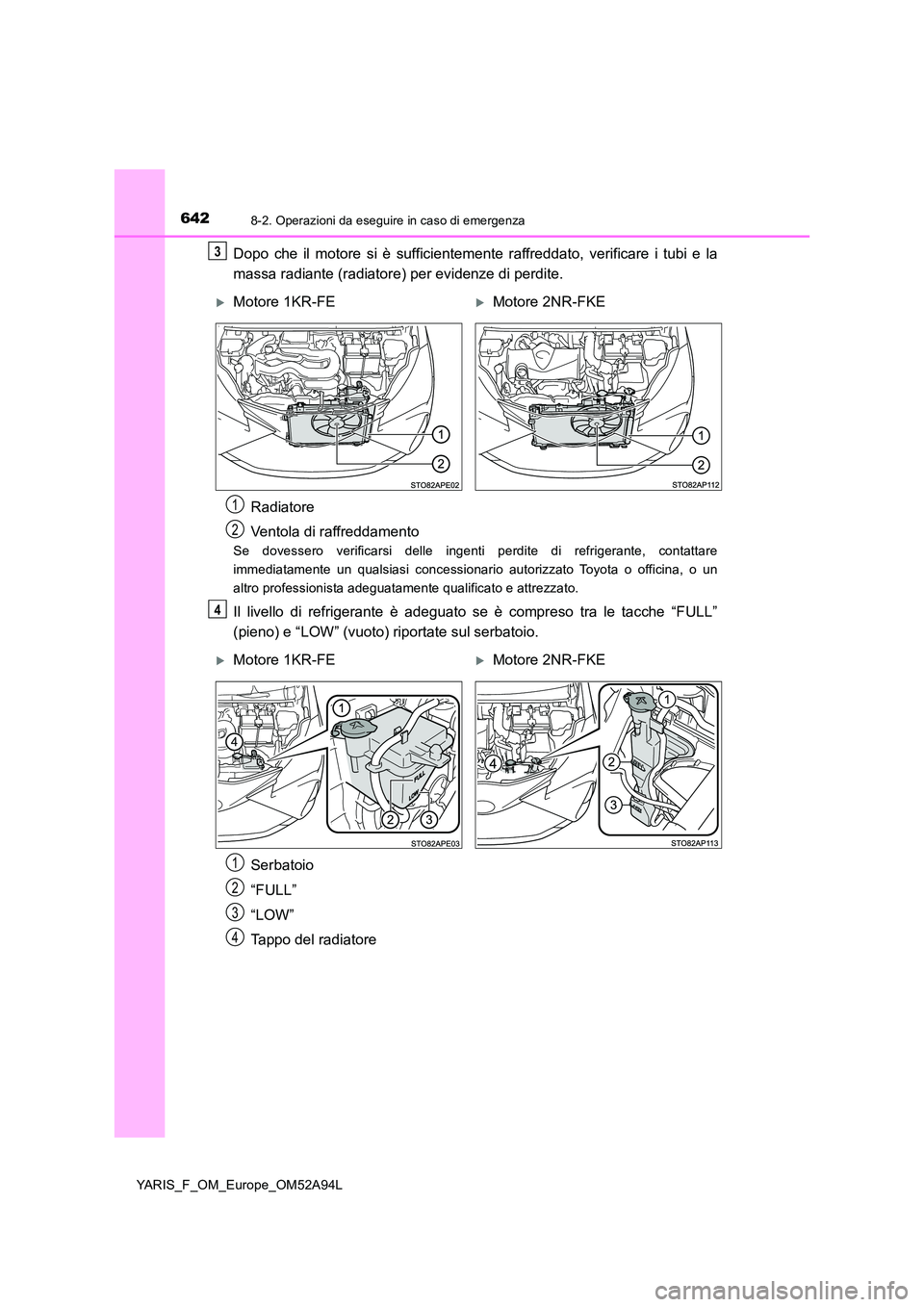 TOYOTA YARIS 2020 Manuale duso (in Italian) 6428-2. Operazioni da eseguire in caso di emergenza
YARIS_F_OM_Europe_OM52A94L
Dopo che il motore si è sufficientemente raffreddato, verificare i tubi e la
massa radiante (radiatore) per evidenze di TOYOTA YARIS 2020 Manuale duso (in Italian) 6428-2. Operazioni da eseguire in caso di emergenza
YARIS_F_OM_Europe_OM52A94L
Dopo che il motore si è sufficientemente raffreddato, verificare i tubi e la
massa radiante (radiatore) per evidenze di
