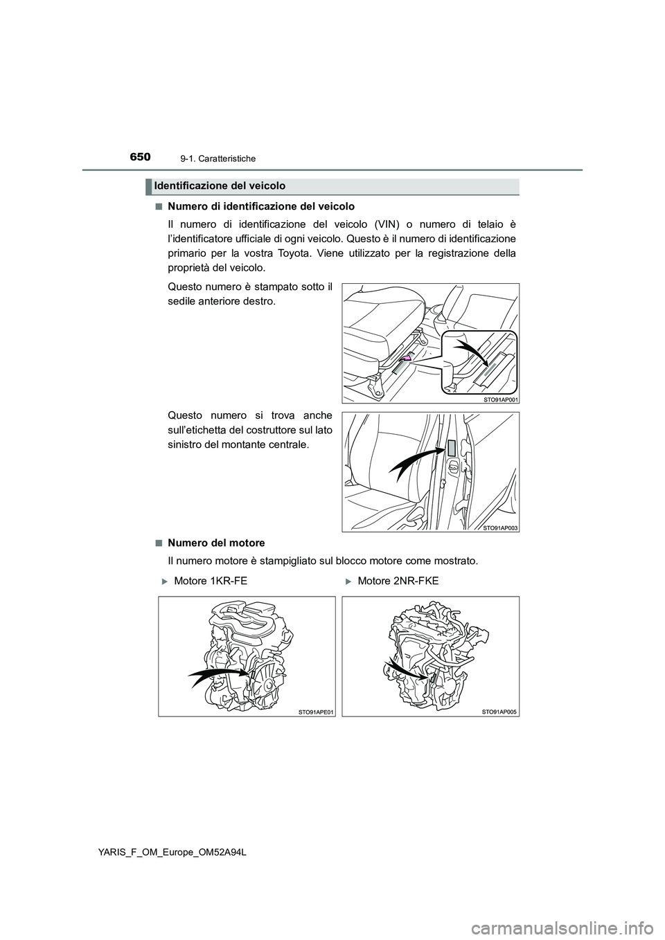 TOYOTA YARIS 2020 Manuale duso (in Italian) 6509-1. Caratteristiche
YARIS_F_OM_Europe_OM52A94L■
Numero di identificazione del veicolo
Il numero di identificazione del veicolo (VIN) o numero di telaio è
l’identificatore ufficiale di ogni ve TOYOTA YARIS 2020 Manuale duso (in Italian) 6509-1. Caratteristiche
YARIS_F_OM_Europe_OM52A94L■
Numero di identificazione del veicolo
Il numero di identificazione del veicolo (VIN) o numero di telaio è
l’identificatore ufficiale di ogni ve