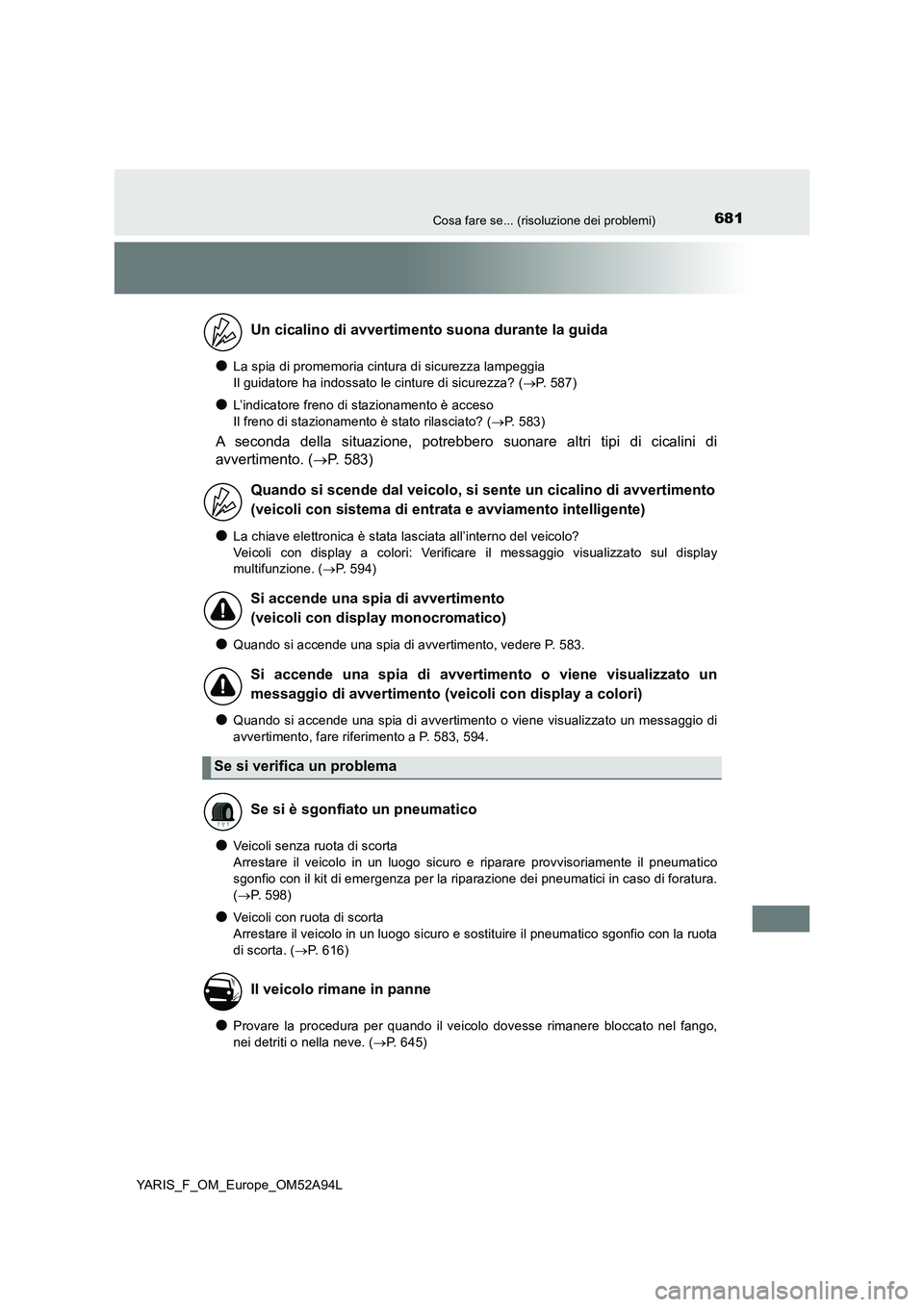 TOYOTA YARIS 2020 Manuale duso (in Italian) 681Cosa fare se... (risoluzione dei problemi)
YARIS_F_OM_Europe_OM52A94L
●La spia di promemoria cintura di sicurezza lampeggia
Il guidatore ha indossato le cinture di sicurezza? (P. 587)
●L’i TOYOTA YARIS 2020 Manuale duso (in Italian) 681Cosa fare se... (risoluzione dei problemi)
YARIS_F_OM_Europe_OM52A94L
●La spia di promemoria cintura di sicurezza lampeggia
Il guidatore ha indossato le cinture di sicurezza? (P. 587)
●L’i
